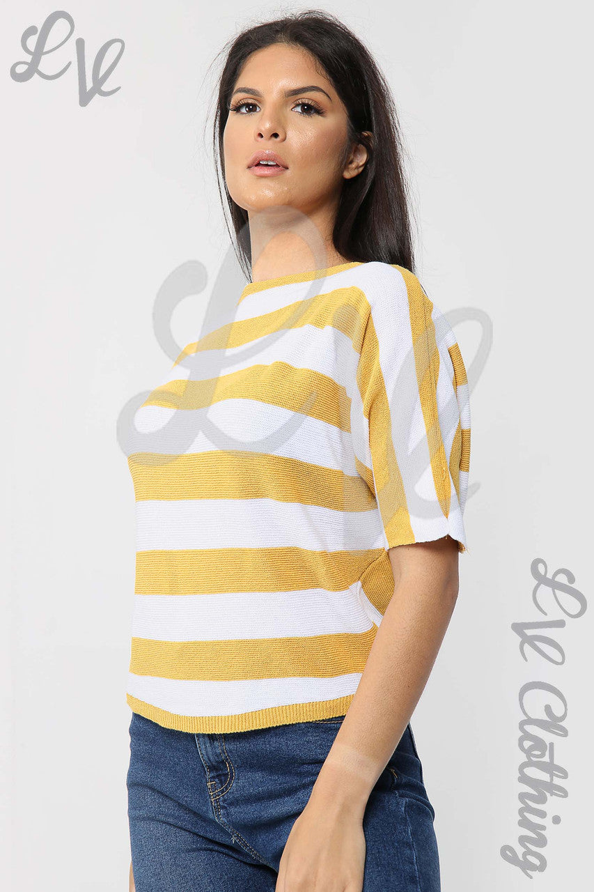 Ladies Fine Knit Block Striped Jumper Mustard - Unit Price £11.99