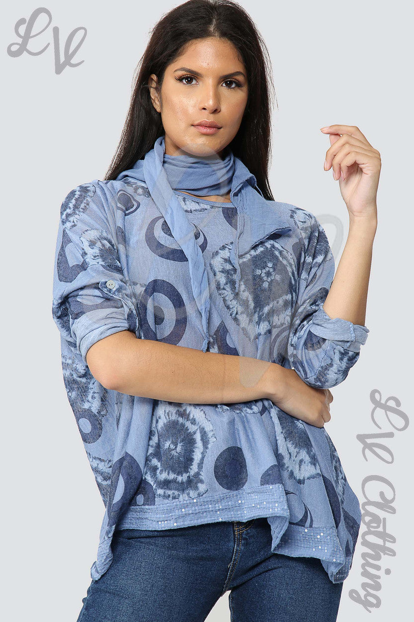 Dames Tie Dye & Cirkel Print Sjaaltop Denim - Prijs per stuk €8,99