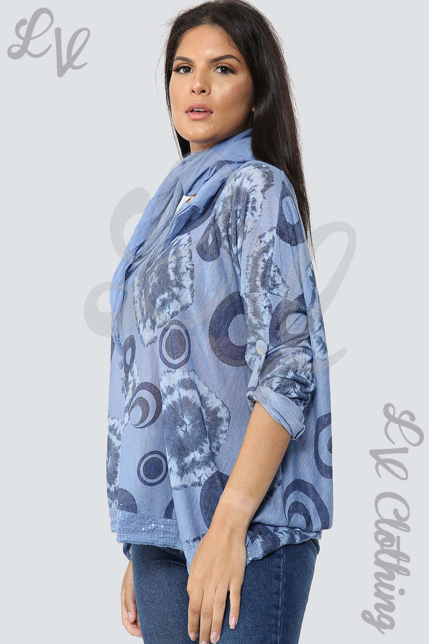 Dames Tie Dye & Cirkel Print Sjaaltop Denim - Prijs per stuk €8,99