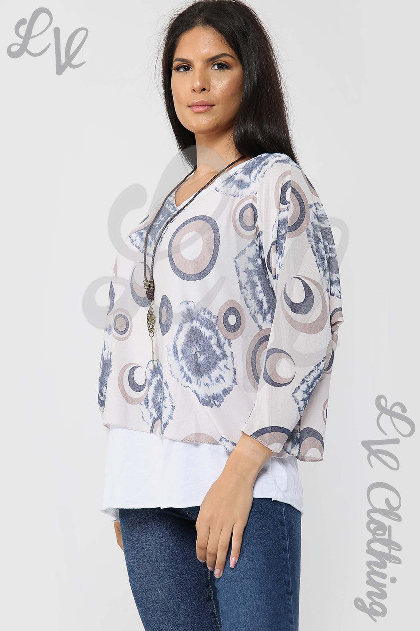 Ladies Circle & Tie Dye Print 2 Piece Top With Necklace Dusty Pink - Unit Price £13.99