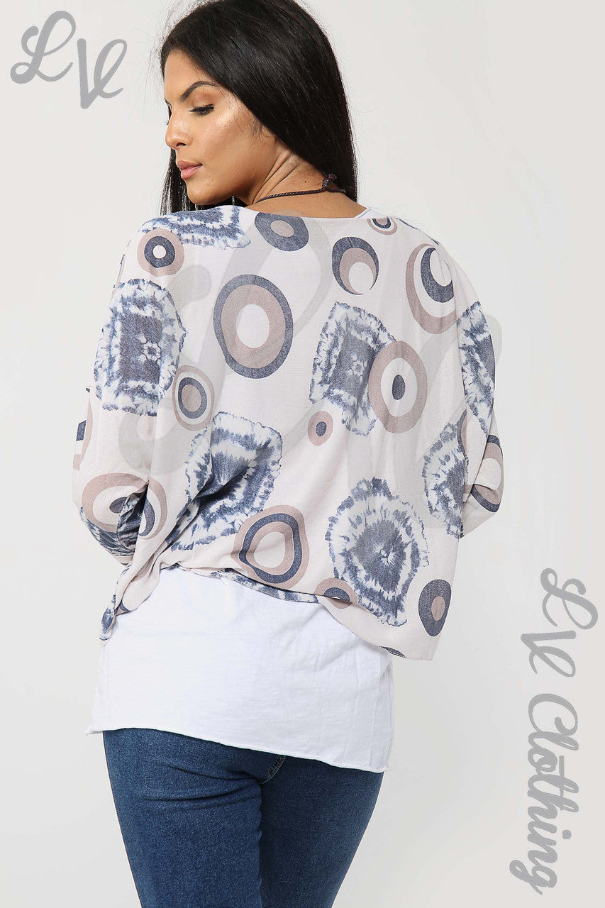 Ladies Circle & Tie Dye Print 2 Piece Top With Necklace Dusty Pink - Unit Price £13.99