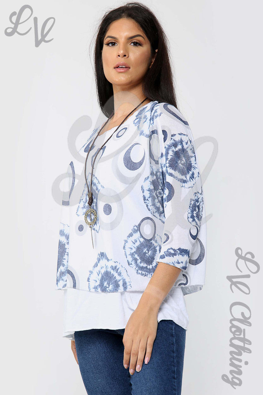 Ladies Circle & Tie Dye Print 2 Piece Top With Necklace White - Unit Price £13.99