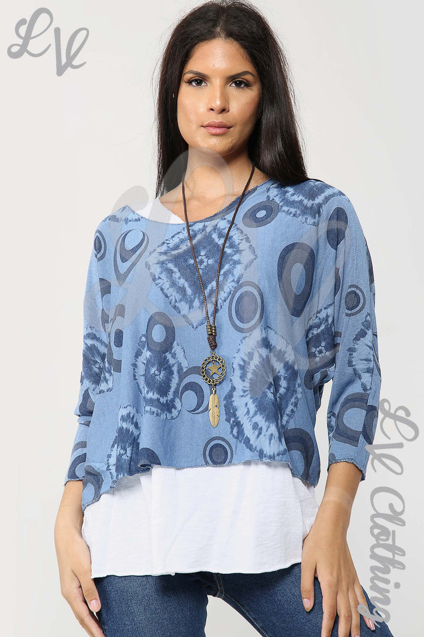 Ladies Circle & Tie Dye Print 2 Piece Top With Necklace Denim - Unit Price £13.99