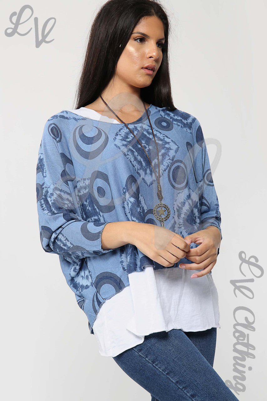Ladies Circle & Tie Dye Print 2 Piece Top With Necklace Denim - Unit Price £13.99
