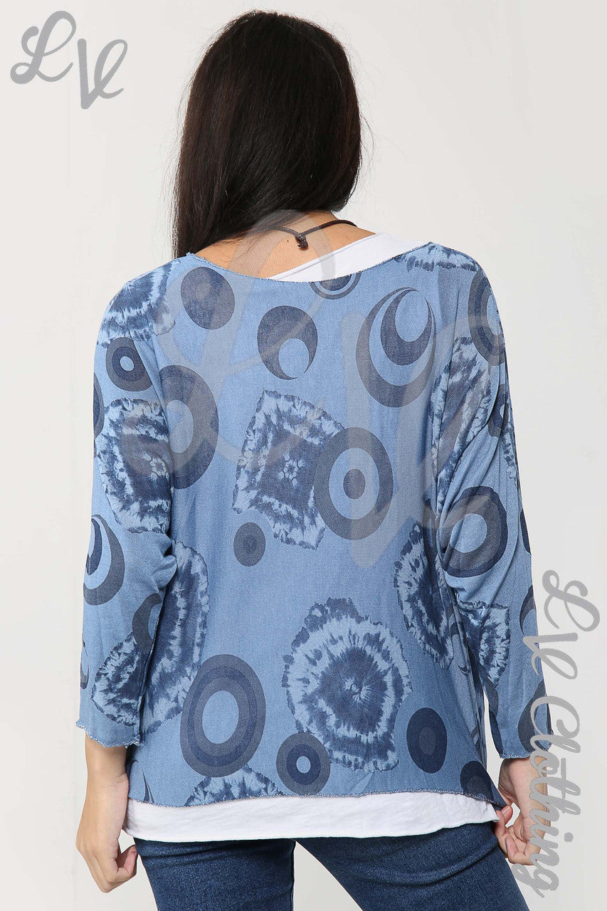 Ladies Circle & Tie Dye Print 2 Piece Top With Necklace Denim - Unit Price £13.99