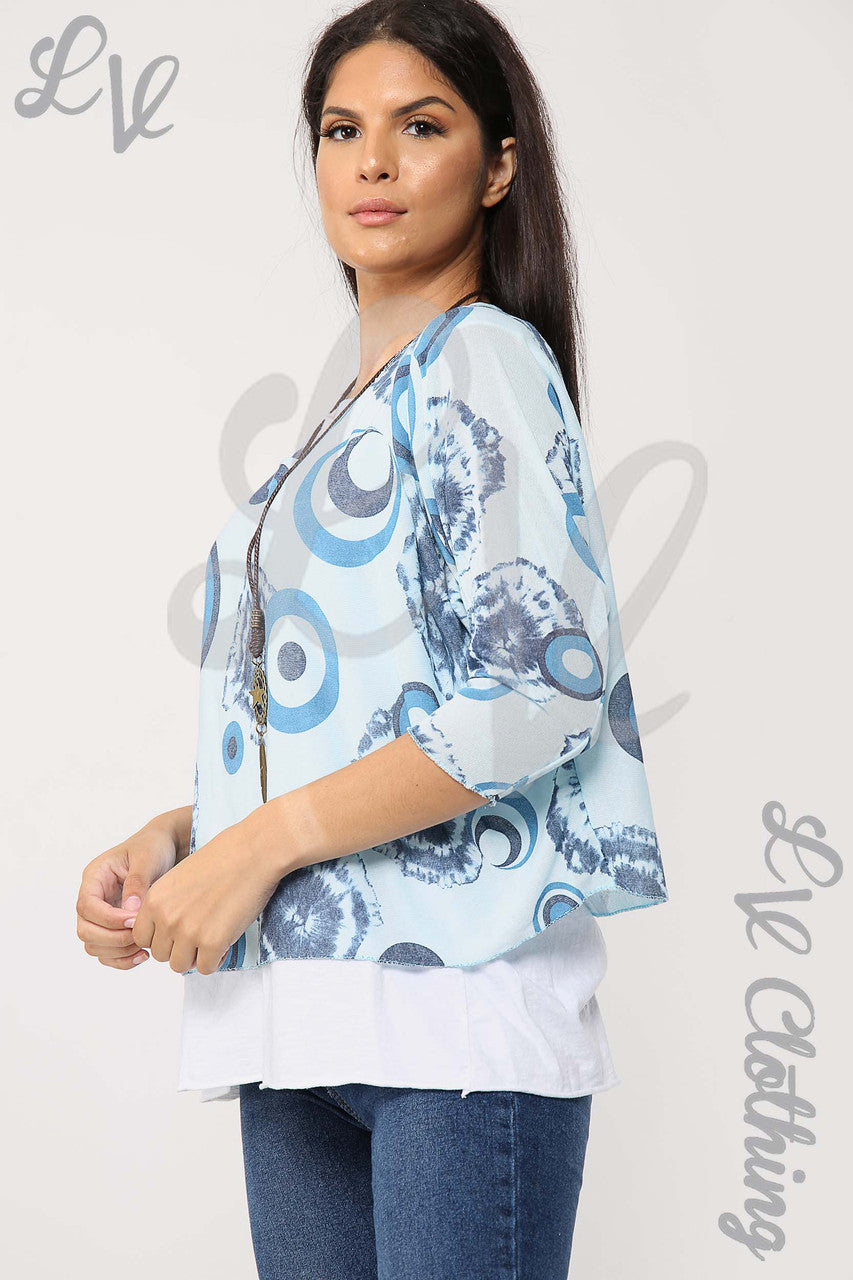 Ladies Circle & Tie Dye Print 2 Piece Top With Necklace Light Blue - Unit Price £13.99