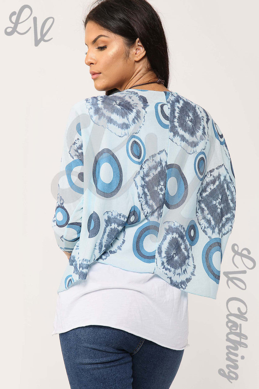 Ladies Circle & Tie Dye Print 2 Piece Top With Necklace Light Blue - Unit Price £13.99