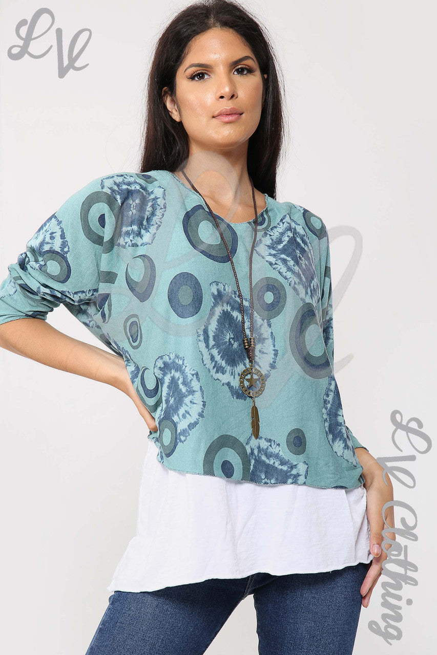 Ladies Circle & Tie Dye Print 2 Piece Top With Necklace Tiffany - Unit Price £13.99