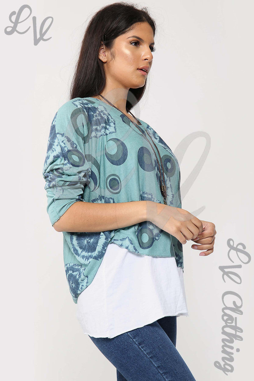 Ladies Circle & Tie Dye Print 2 Piece Top With Necklace Tiffany - Unit Price £13.99