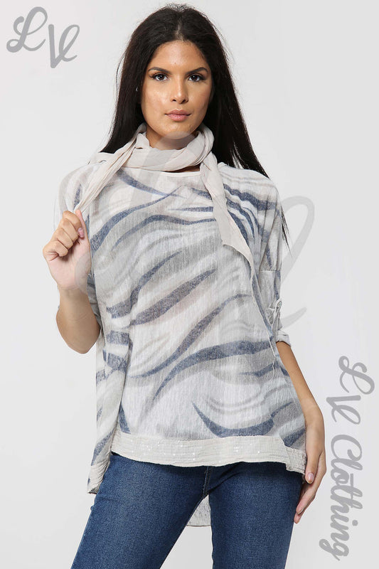 Swirl print scarf top with hood, light stone and blue wave pattern, short sleeves