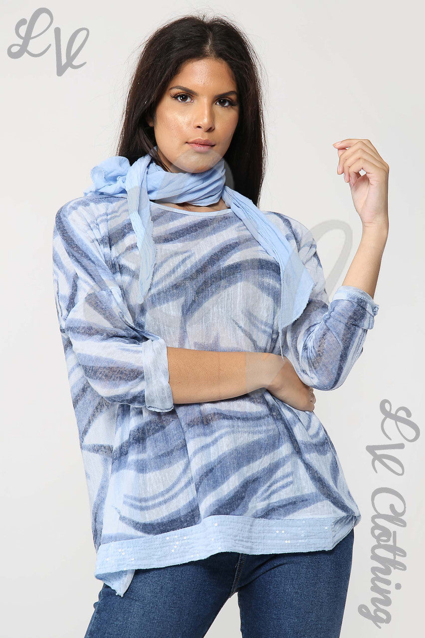Ladies Swirl Print Scarf Top Light Blue - Unit Price £11.99