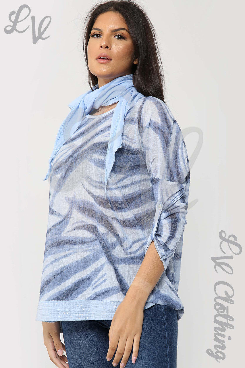 Ladies Swirl Print Scarf Top Light Blue - Unit Price £11.99