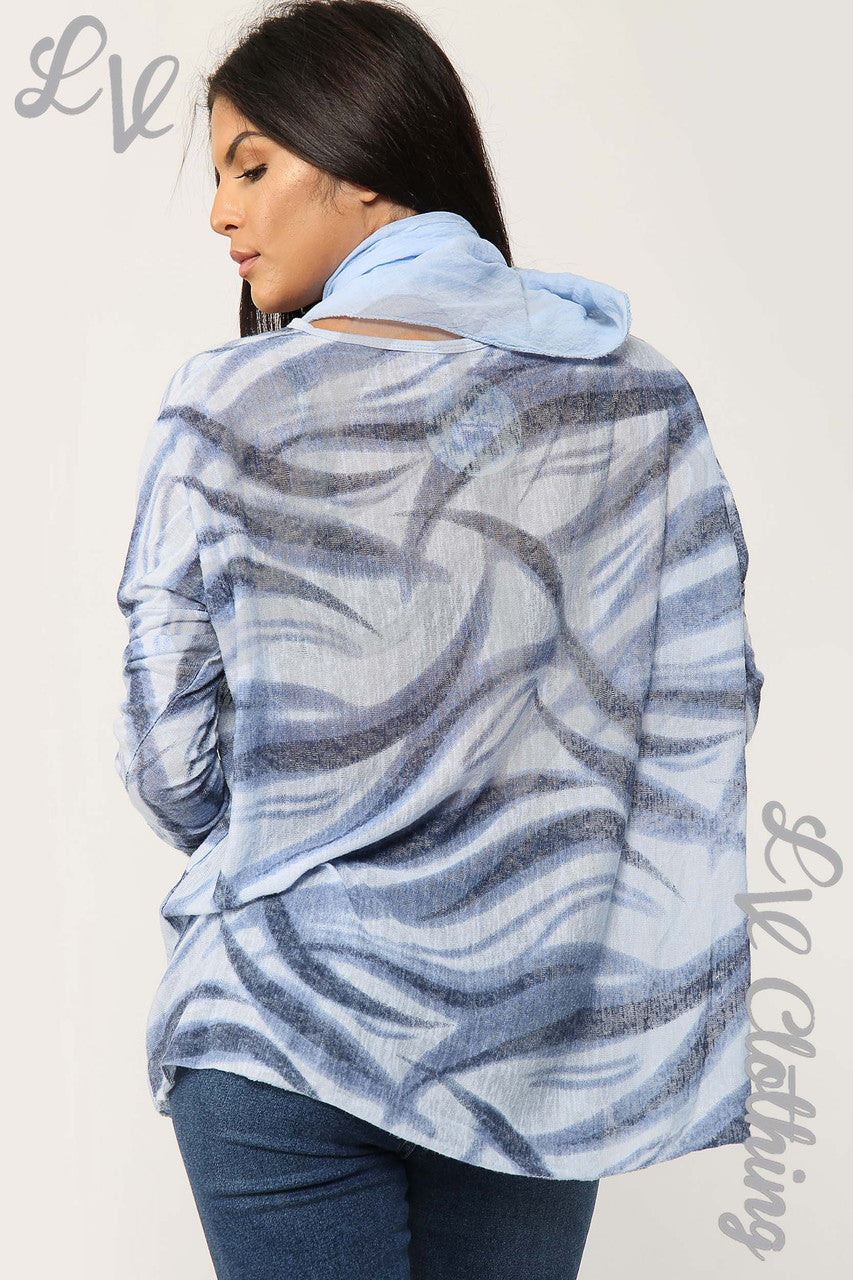 Ladies Swirl Print Scarf Top Light Blue - Unit Price £11.99