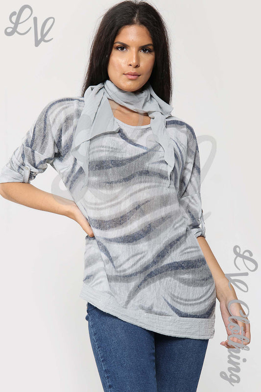 Grey swirl print scarf top with hooded neckline, short roll sleeves and curved hem