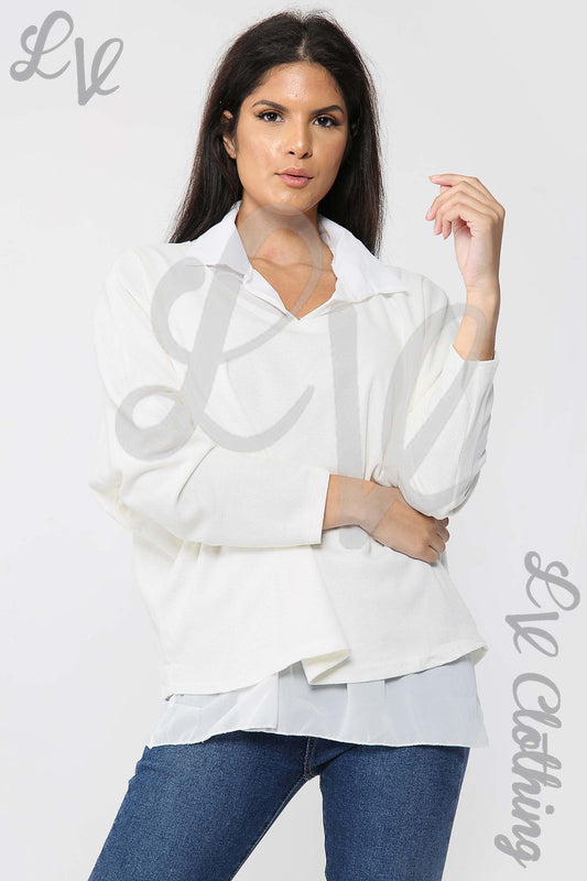 Cream layered ladies blouse with pointed collar and long sleeves, button front