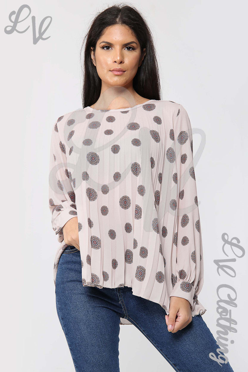 Ladies Circle Tribal Print Pleated Blouse Stone - Unit Price £10.99