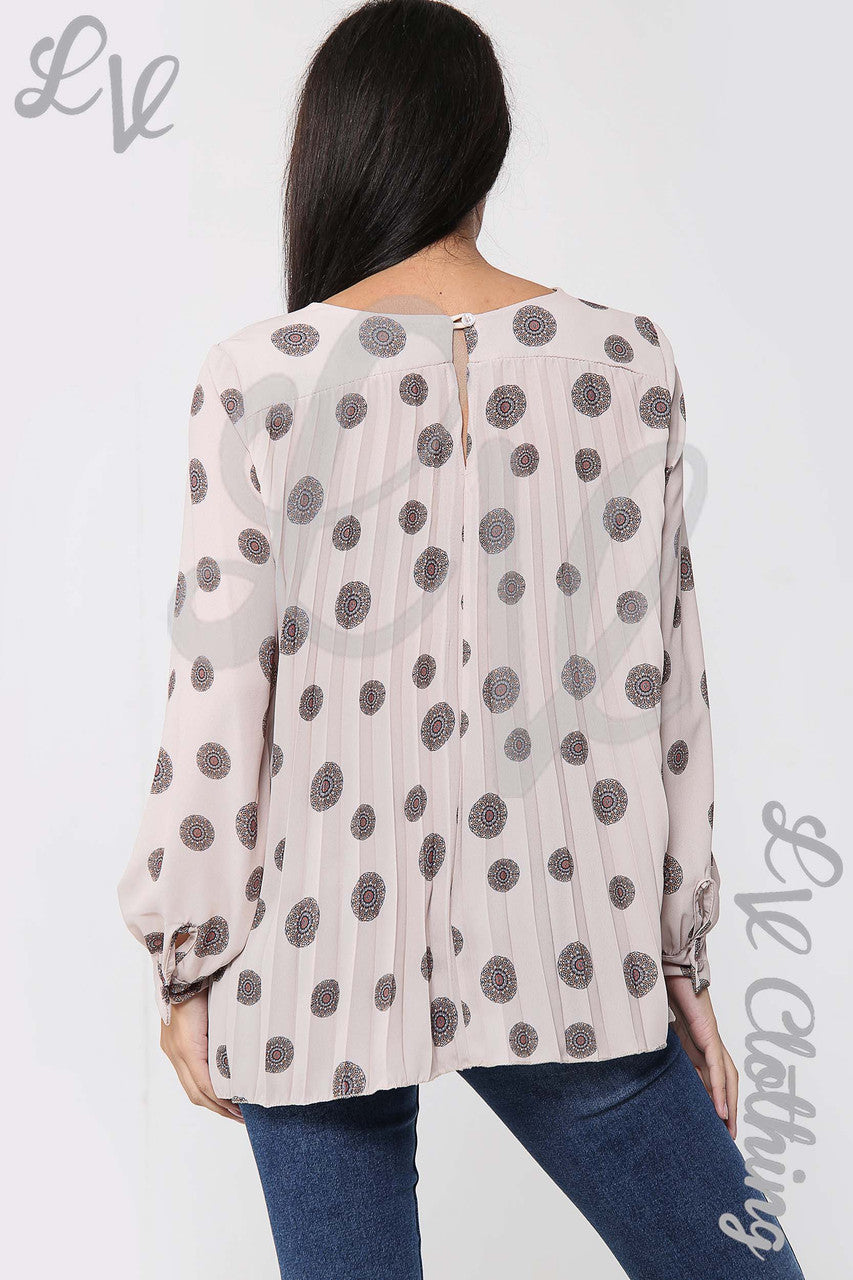 Ladies Circle Tribal Print Pleated Blouse Stone - Unit Price £10.99