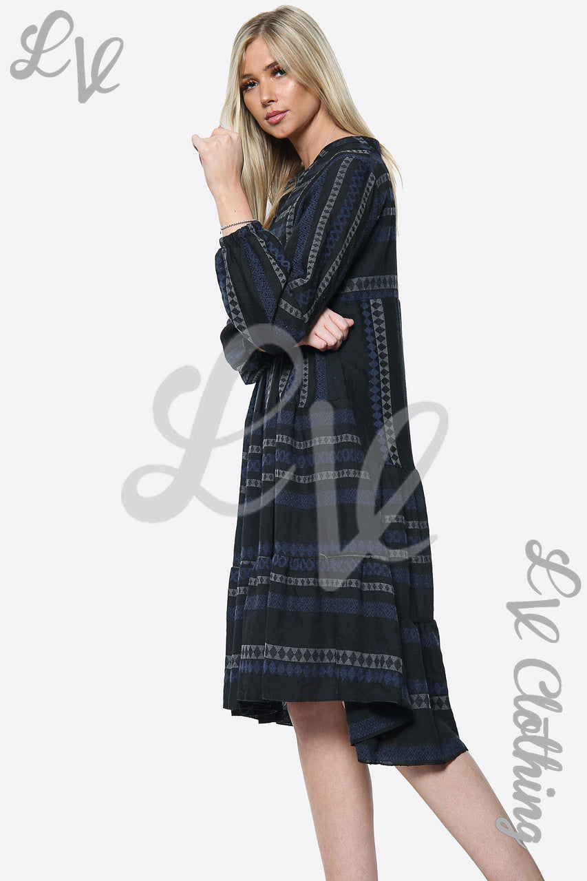 Dames Geplooide Smockjurk met Aztekenprint Marineblauw Stukprijs € 9,99
