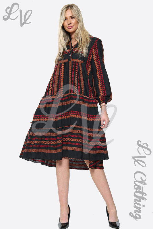 Orange and red Aztec print pleated smock dress, flared skirt, long sleeves