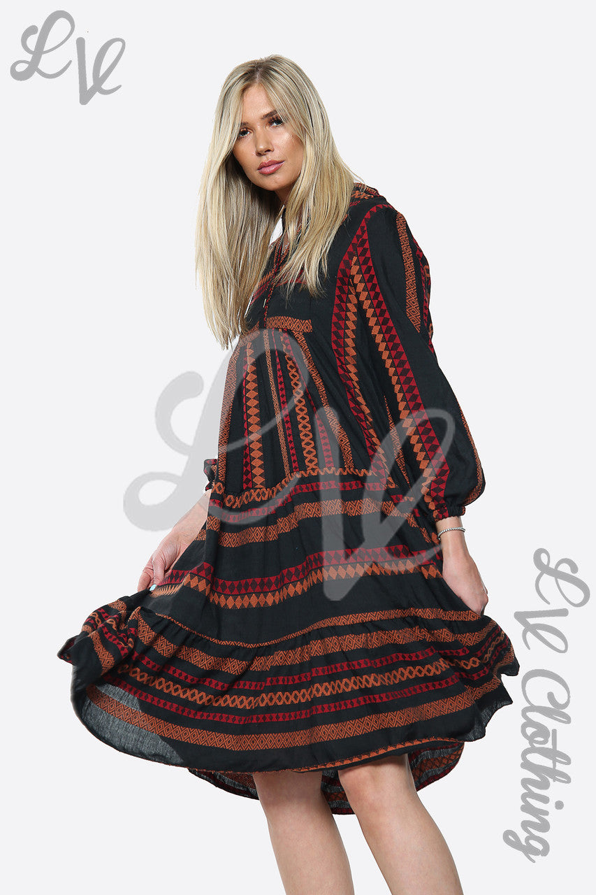 Ladies Aztec Print Pleated Smock Dress Orange Unit Price £9.99