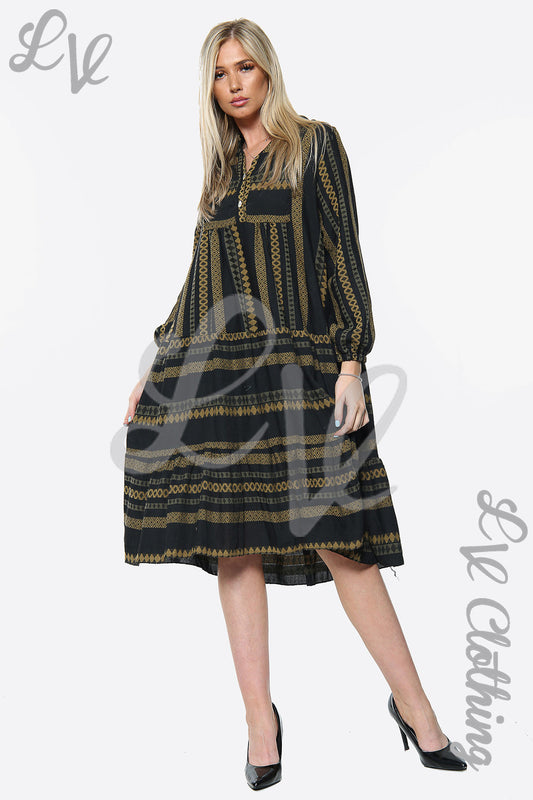 Dames Aztec Print Plissé Smockjurk Mosterd Prijs WAS €9,09
