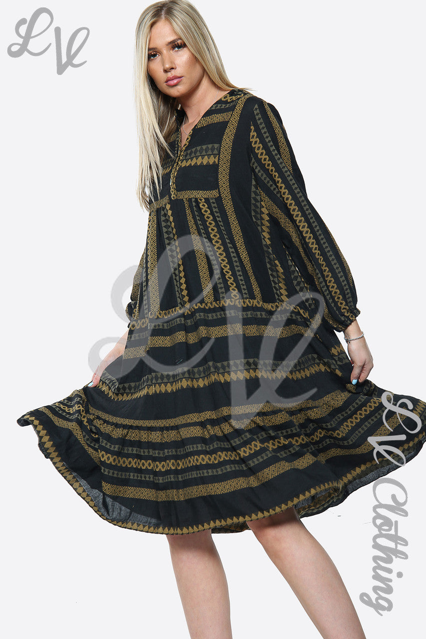 Dames Aztec Print Plissé Smockjurk Mosterd Prijs WAS €9,09