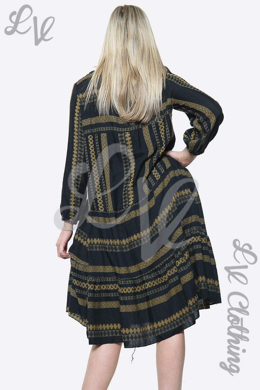 Dames Aztec Print Plissé Smockjurk Mosterd Prijs WAS €9,09