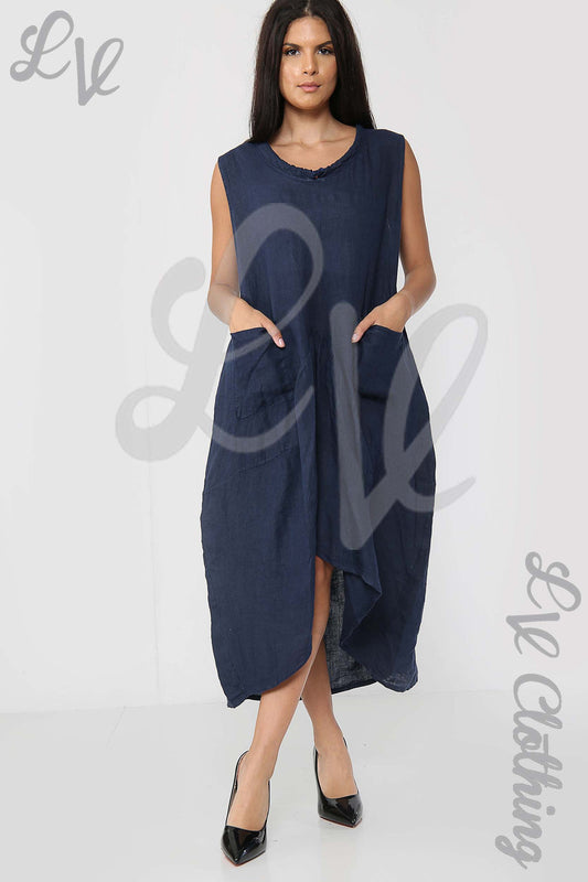 Navy sleeveless drawstring-neck dress with angled hem and front slit