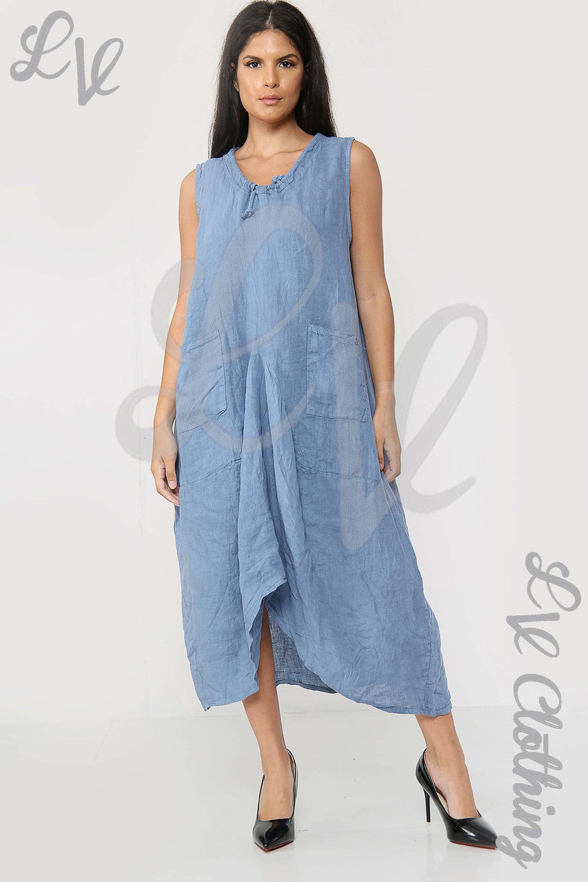 Ladies Drawstring Neckline Sleeveless Dress Denim - Unit Price £19.99