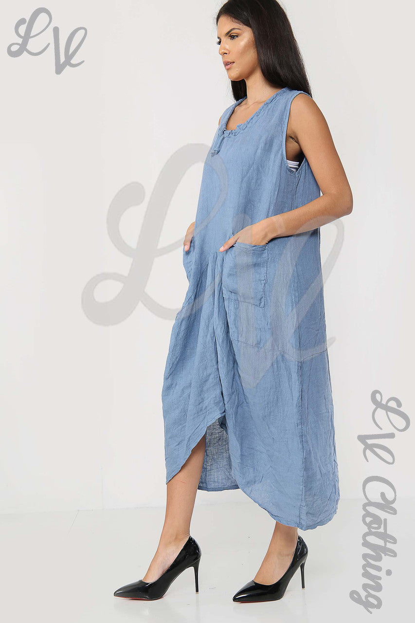 Ladies Drawstring Neckline Sleeveless Dress Denim - Unit Price £19.99
