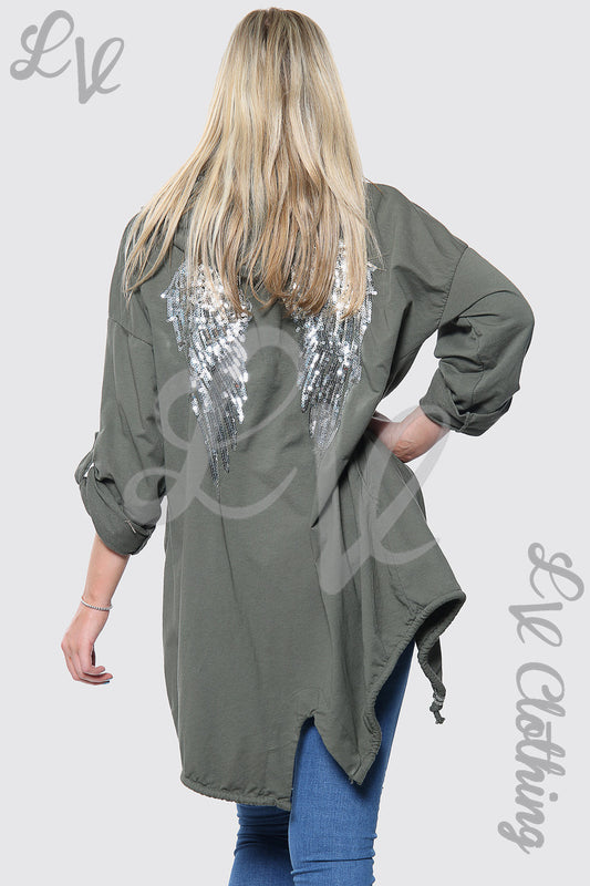 Khaki hooded cardigan with silver angel wing graphic on back, long sleeves