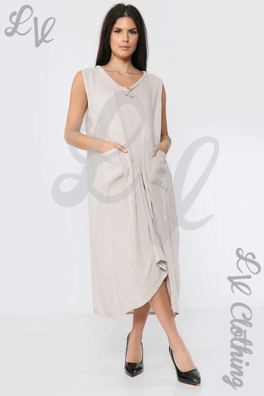 Ladies Drawstring Neckline Sleeveless Dress Stone - Unit Price £19.99