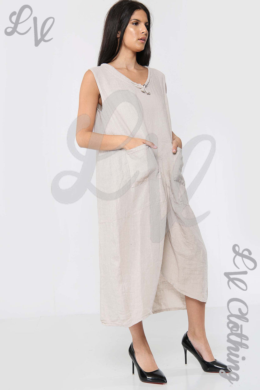Ladies Drawstring Neckline Sleeveless Dress Stone - Unit Price £19.99