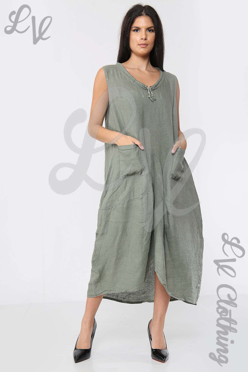 Ladies Drawstring Neckline Sleeveless Dress Khaki - Unit Price £19.99
