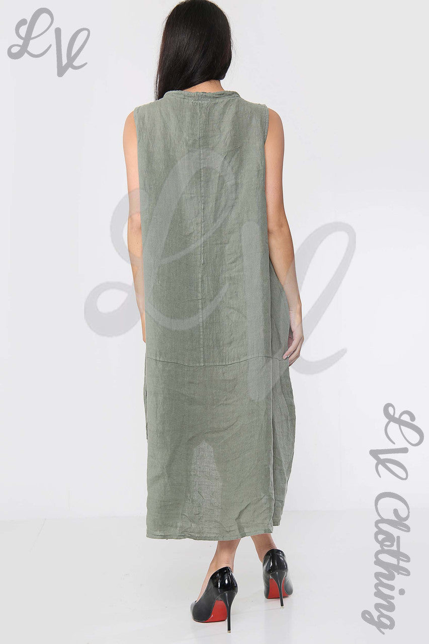 Ladies Drawstring Neckline Sleeveless Dress Khaki - Unit Price £19.99