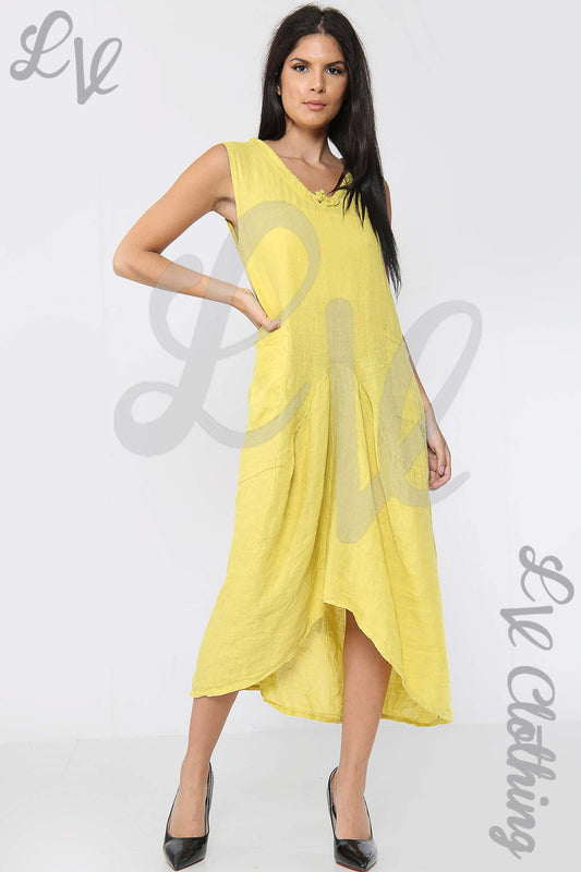 Mustard sleeveless drawstring neckline dress, V-neck, asymmetrical midi hem