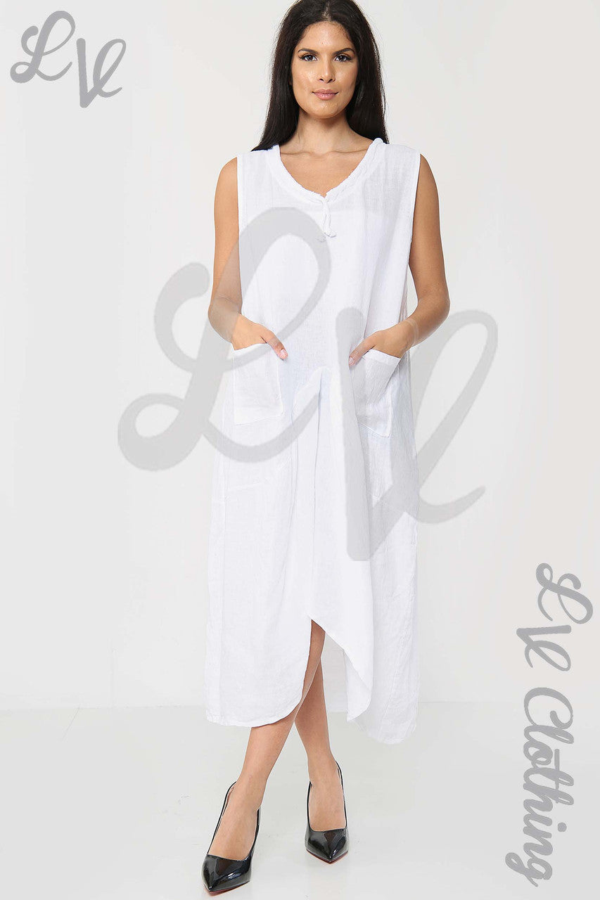 Ladies Drawstring Neckline Sleeveless Dress White - Unit Price £19.99