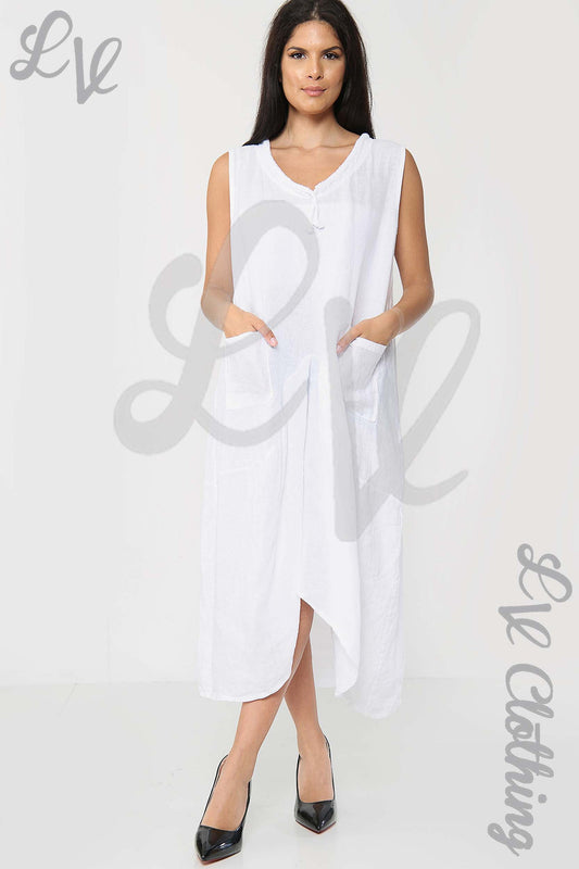 White sleeveless drawstring V-neck dress, front view with draped midi length