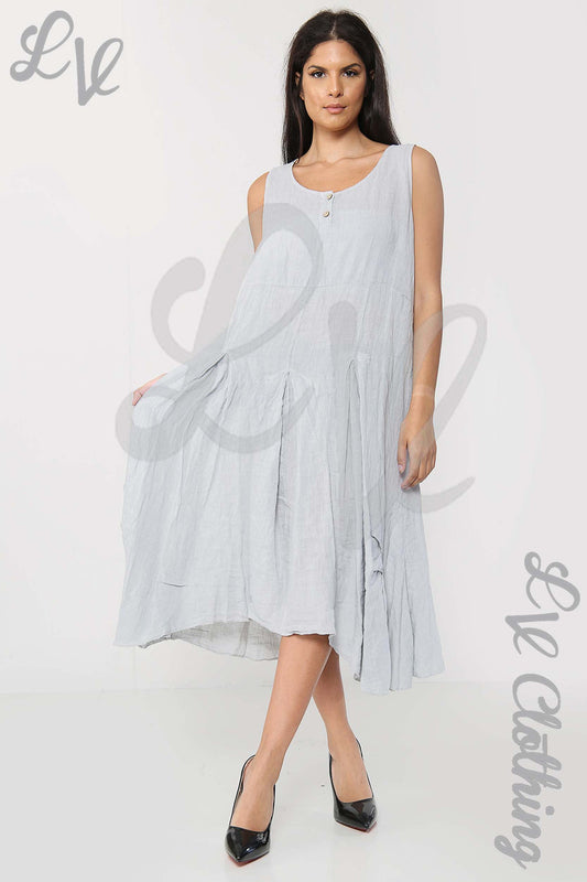 Grey sleeveless midi dress with rounded neckline and pleated skirt hem