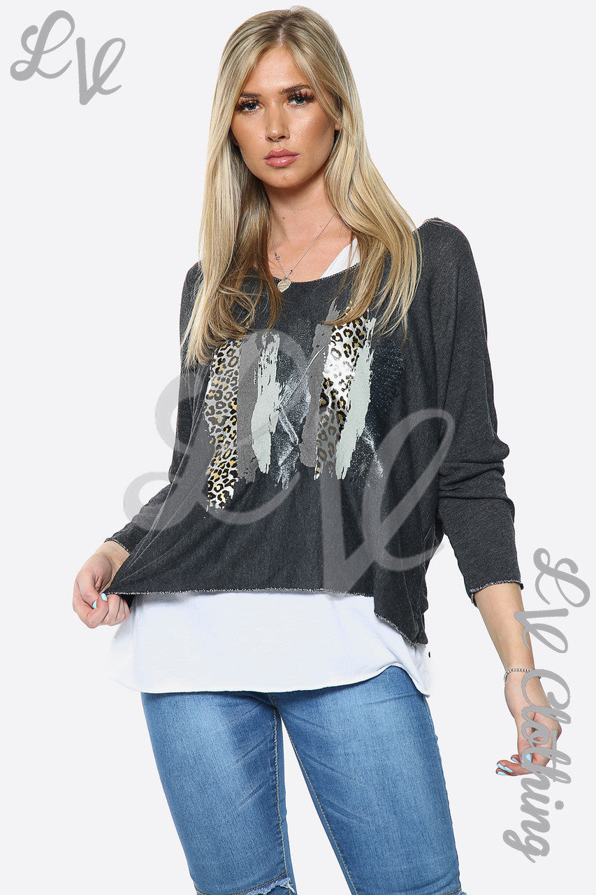 Dames Twee Laags Luipaard Folie Top Houtskool Stukprijs €10,99