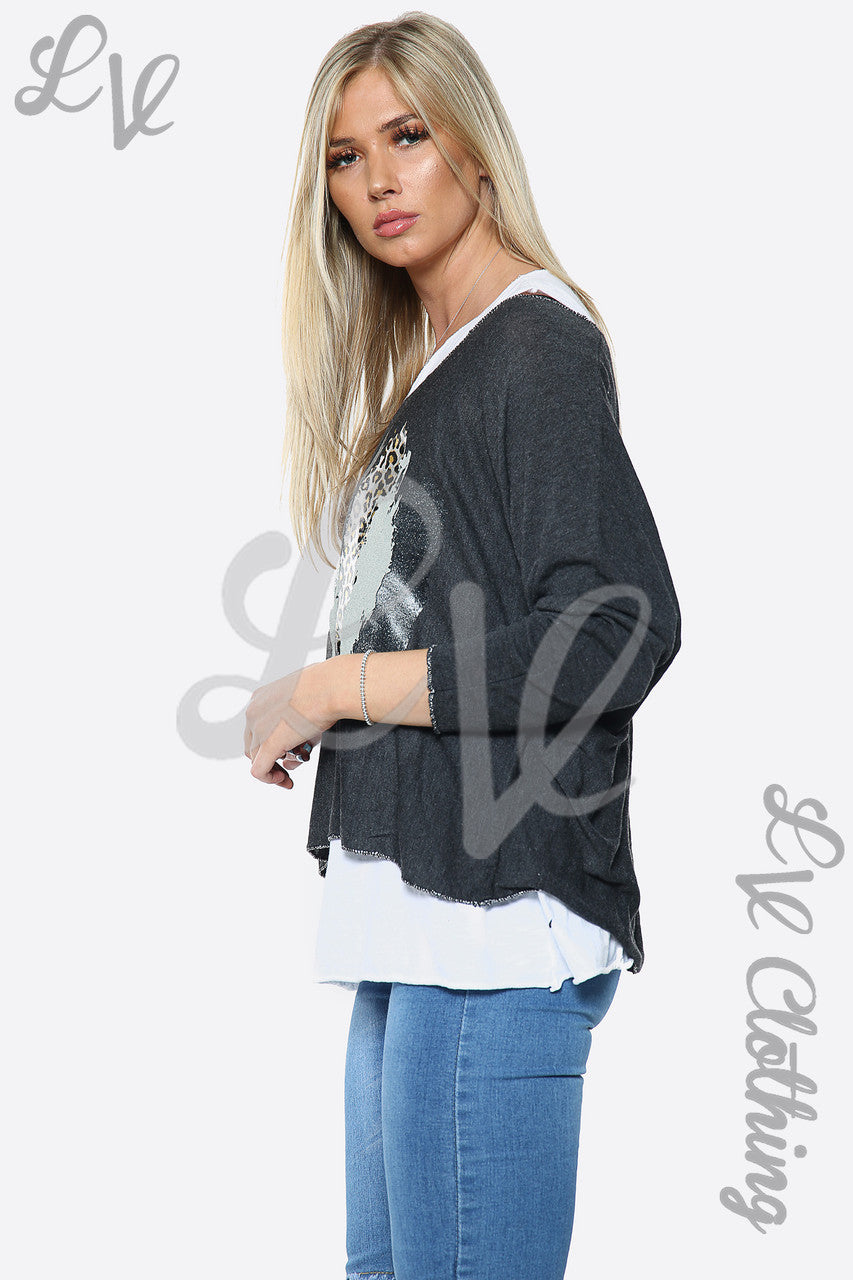 Dames Twee Laags Luipaard Folie Top Houtskool Stukprijs €10,99