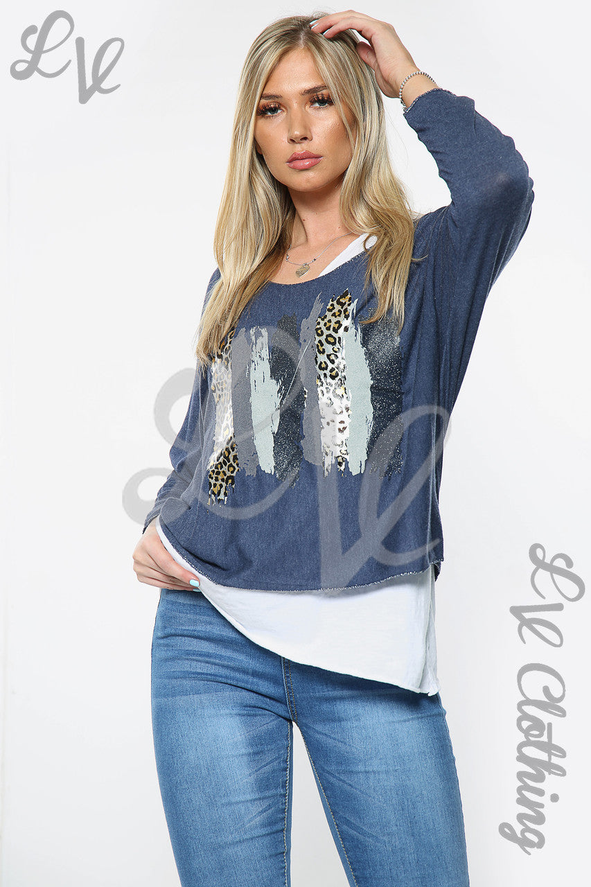 Ladies Two Layered Leopard Foil Top Navy Unit Price £10.99