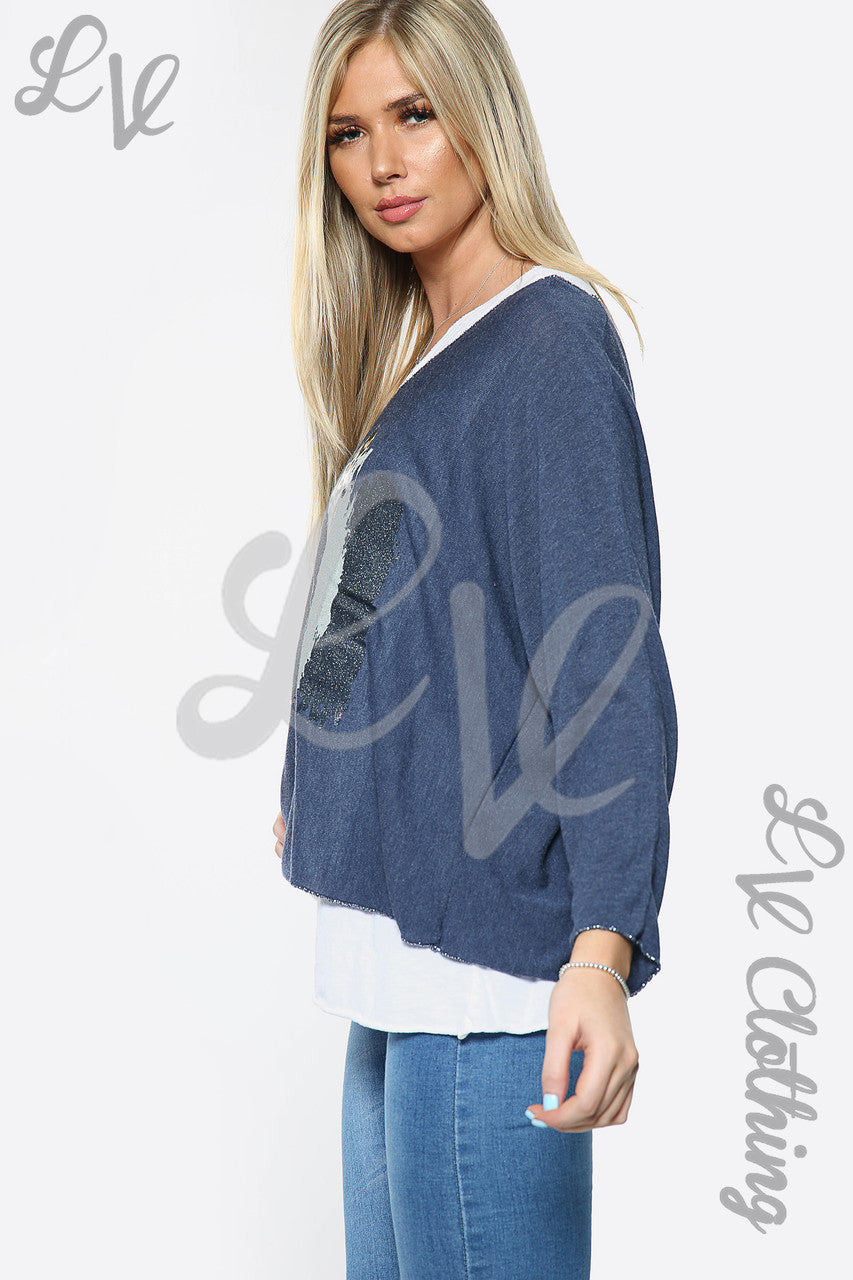 Ladies Two Layered Leopard Foil Top Navy Unit Price £10.99
