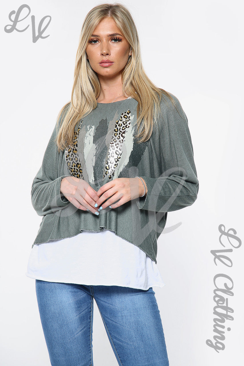 Dames Twee Laags Luipaardfolie Top Kaki Stukprijs €10,99