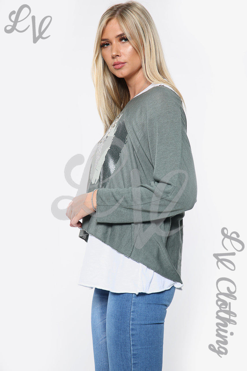 Dames Twee Laags Luipaardfolie Top Kaki Stukprijs €10,99
