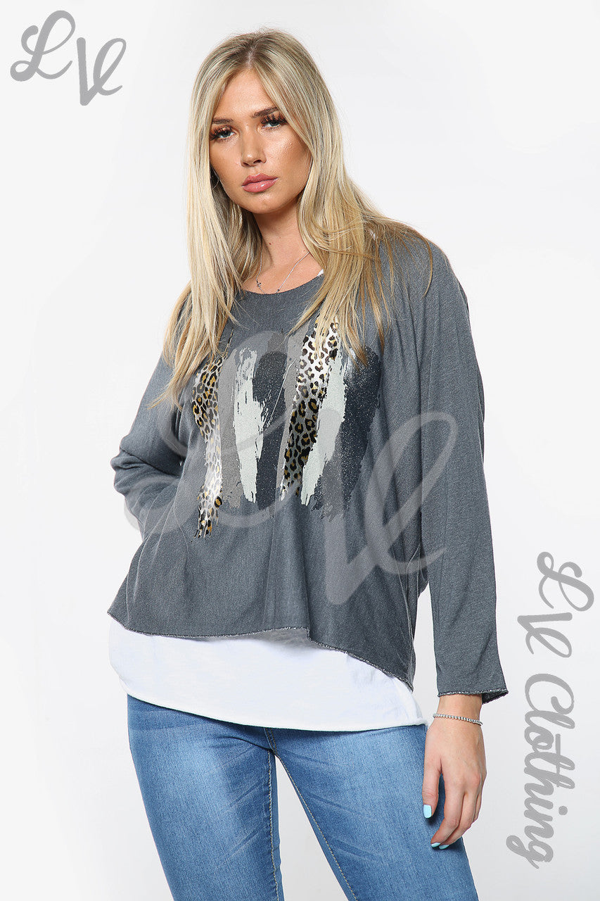 Dames Top met Twee Lagen en Luipaardprint Folie Grijs Stukprijs €10,99