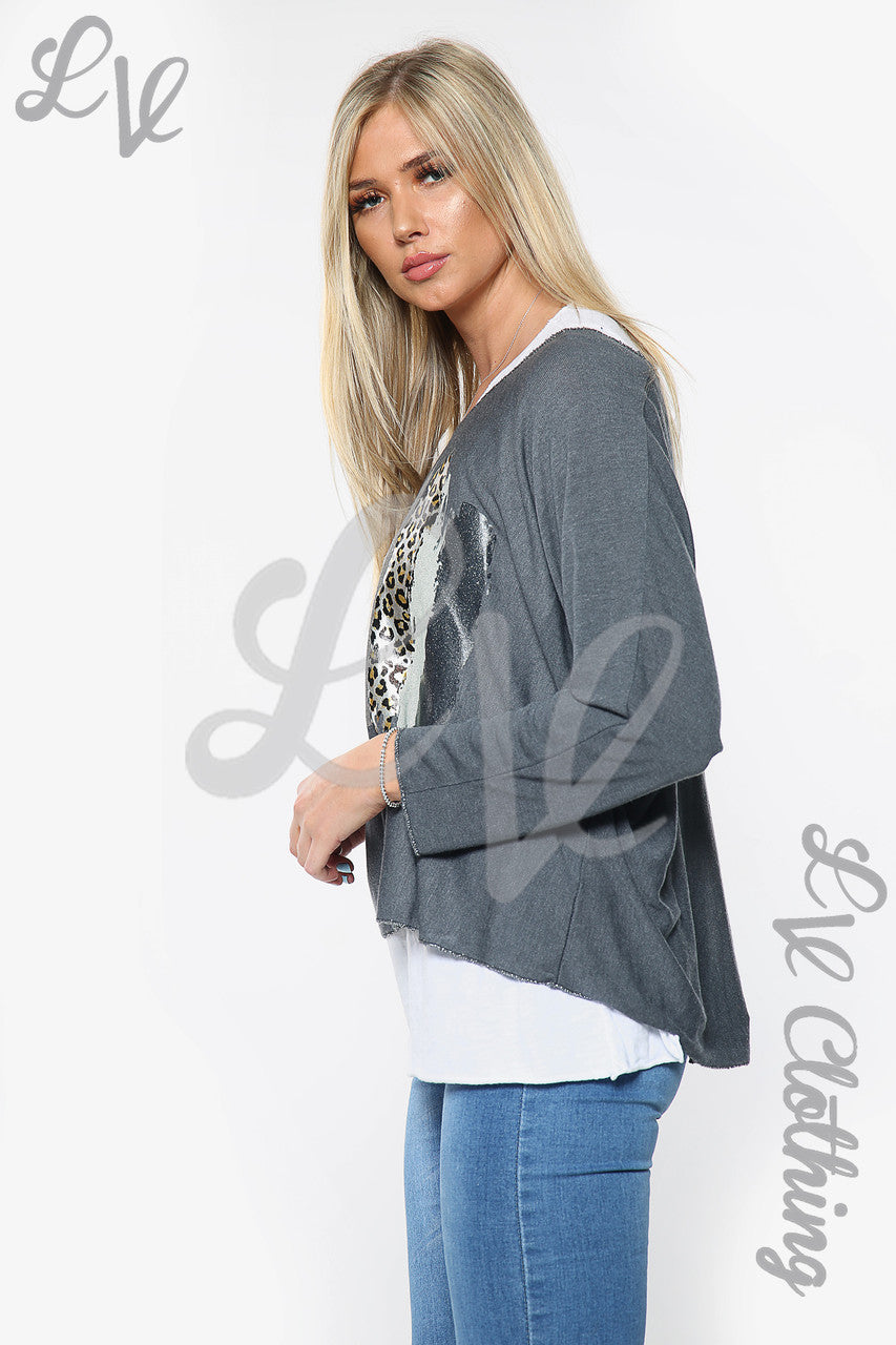 Dames Top met Twee Lagen en Luipaardprint Folie Grijs Stukprijs €10,99