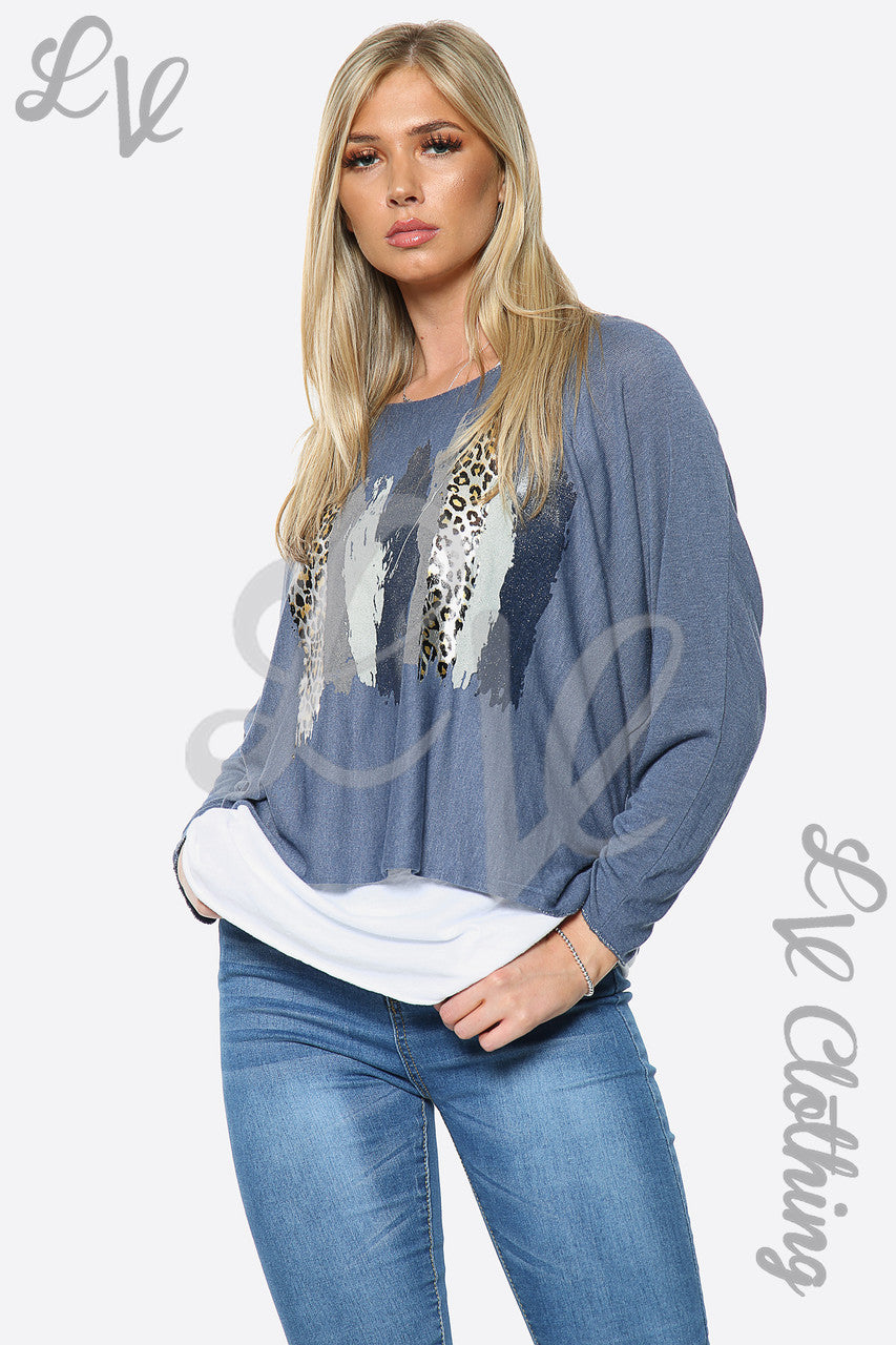 Dames Top met Twee Lagen en Luipaardprint Folie Denim Stukprijs € 10,99