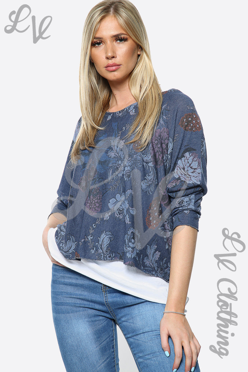 Dames Twee-Laags Top met Bloemenprint Marine per stuk €10,99