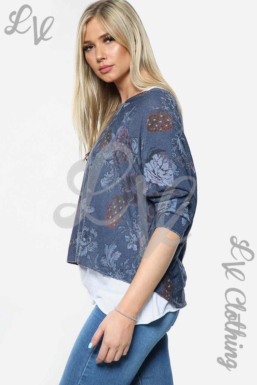 Dames Twee-Laags Top met Bloemenprint Marine per stuk €10,99